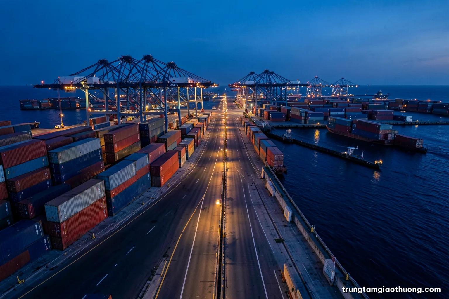 Aerial wide shot of a container port at dusk with stacked steel boxes and gantry cranes, a single customs inspection lane glowing, deep navy and amber palette