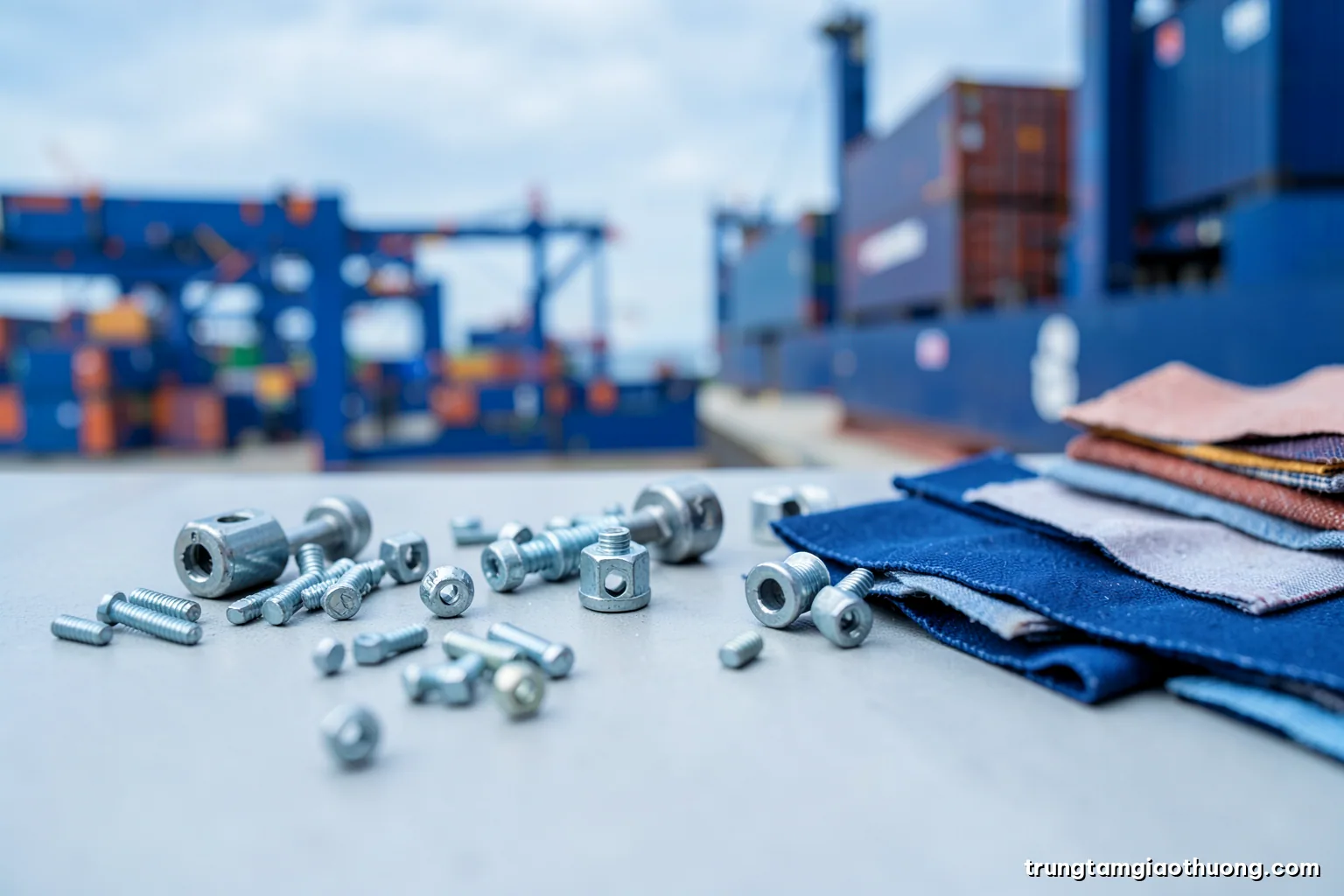 Macro close-up of assorted industrial parts, bolts, a small electric motor and fabric samples arranged on a light grey table, overhead diffuse light, clean minimal palette