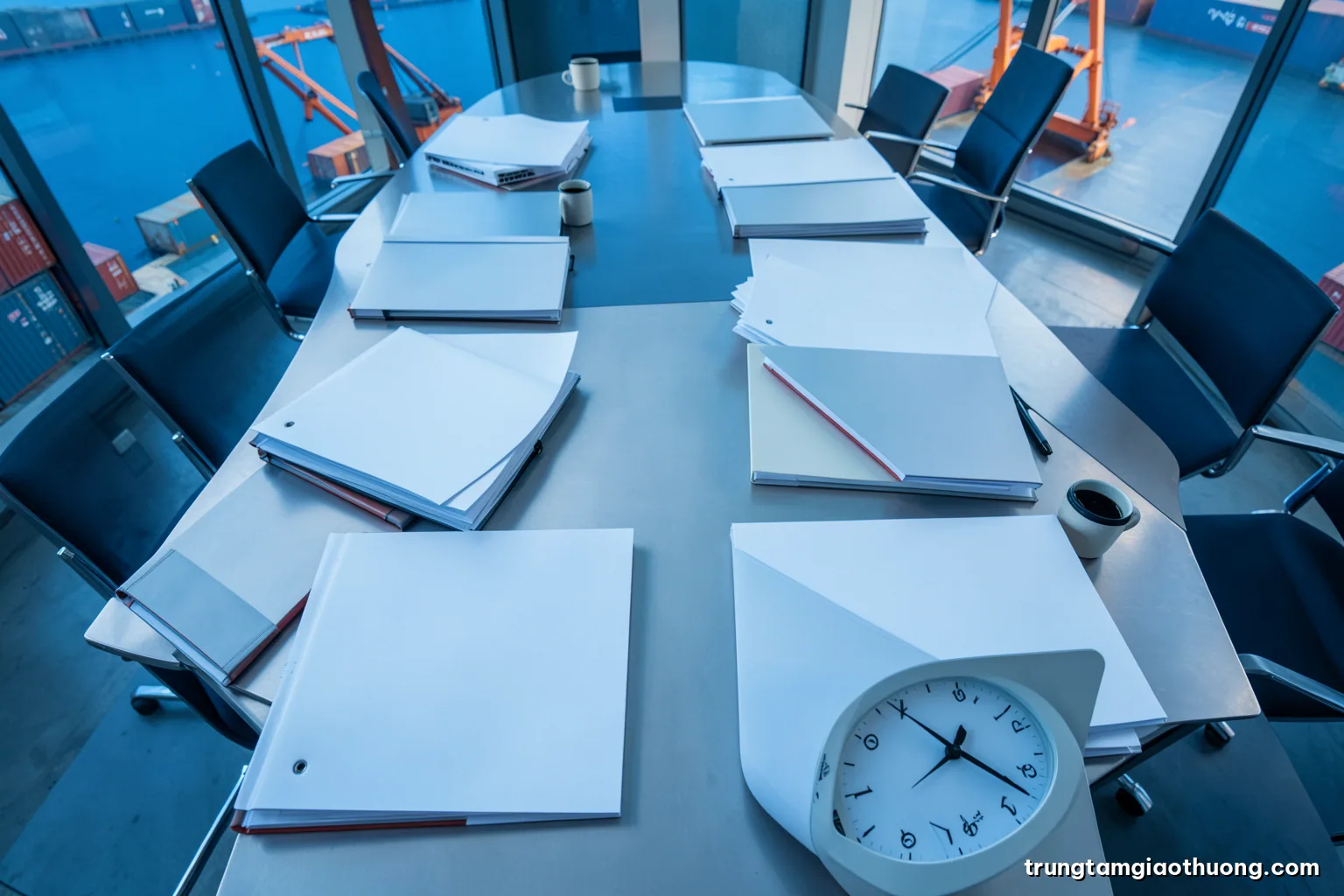 Top-down view of a long conference table with neatly stacked blank binders, two laptops closed, coffee cups and a desk clock, cool morning light, white and steel grey palette