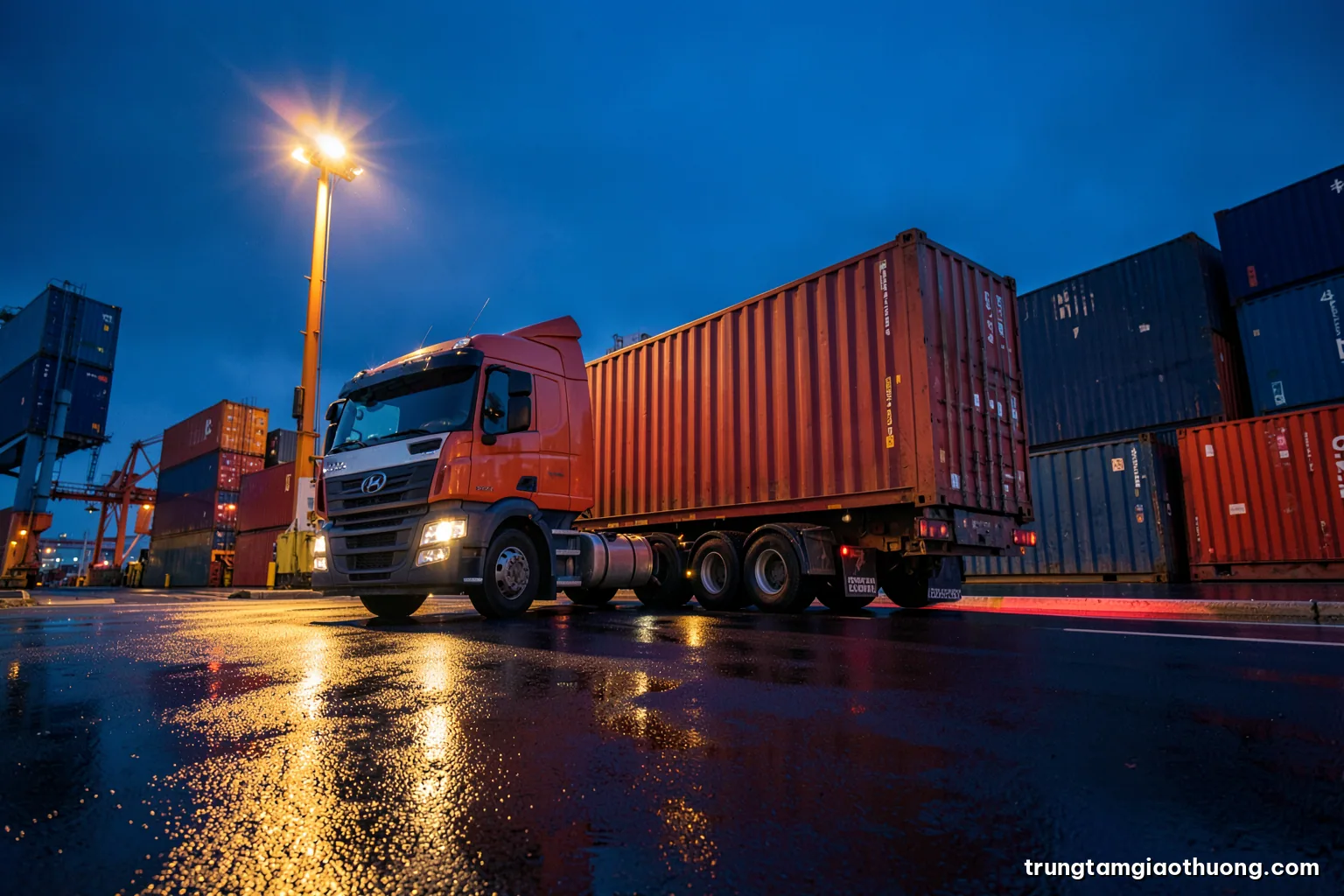 Low-angle shot of a truck towing a red shipping container out of a port terminal at dusk, sodium lights reflecting on wet asphalt, deep blue and warm amber palette