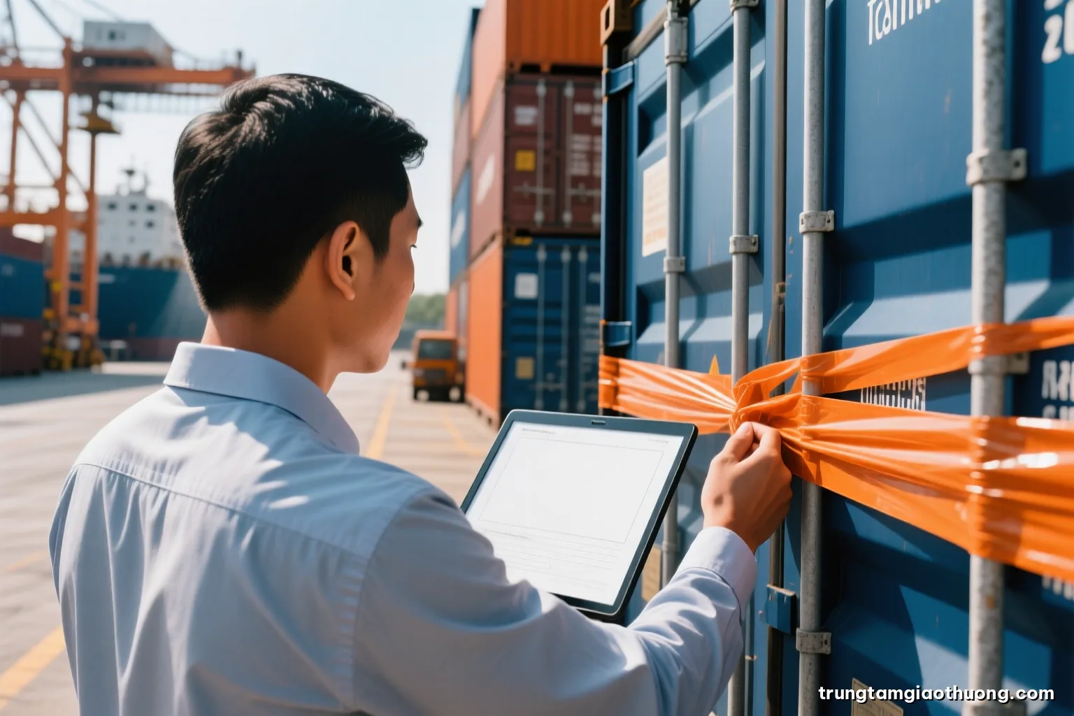 Over-the-shoulder view of a Vietnamese logistics manager checking sealed containers in a busy inland depot, afternoon sun, steel grey and warm orange tones, faces not visible