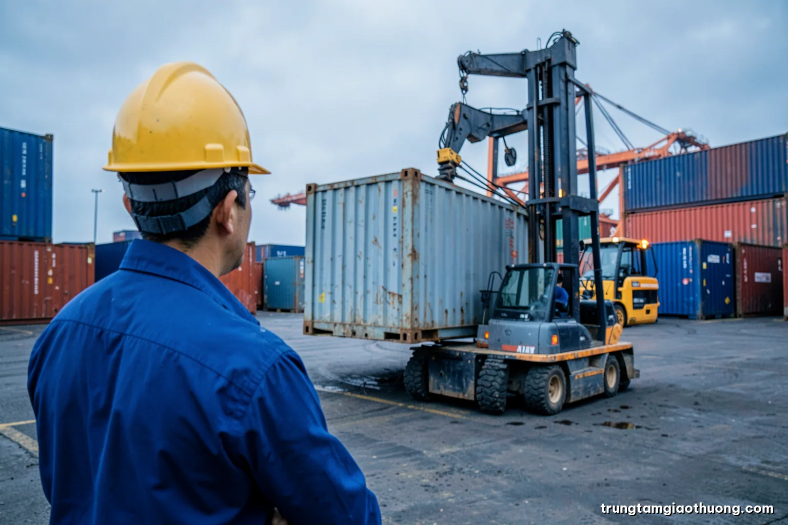 Over-the-shoulder view of a Vietnamese logistics coordinator in a hard hat watching a reach stacker lift a container at an inland depot, overcast morning, steel blue and orange tones