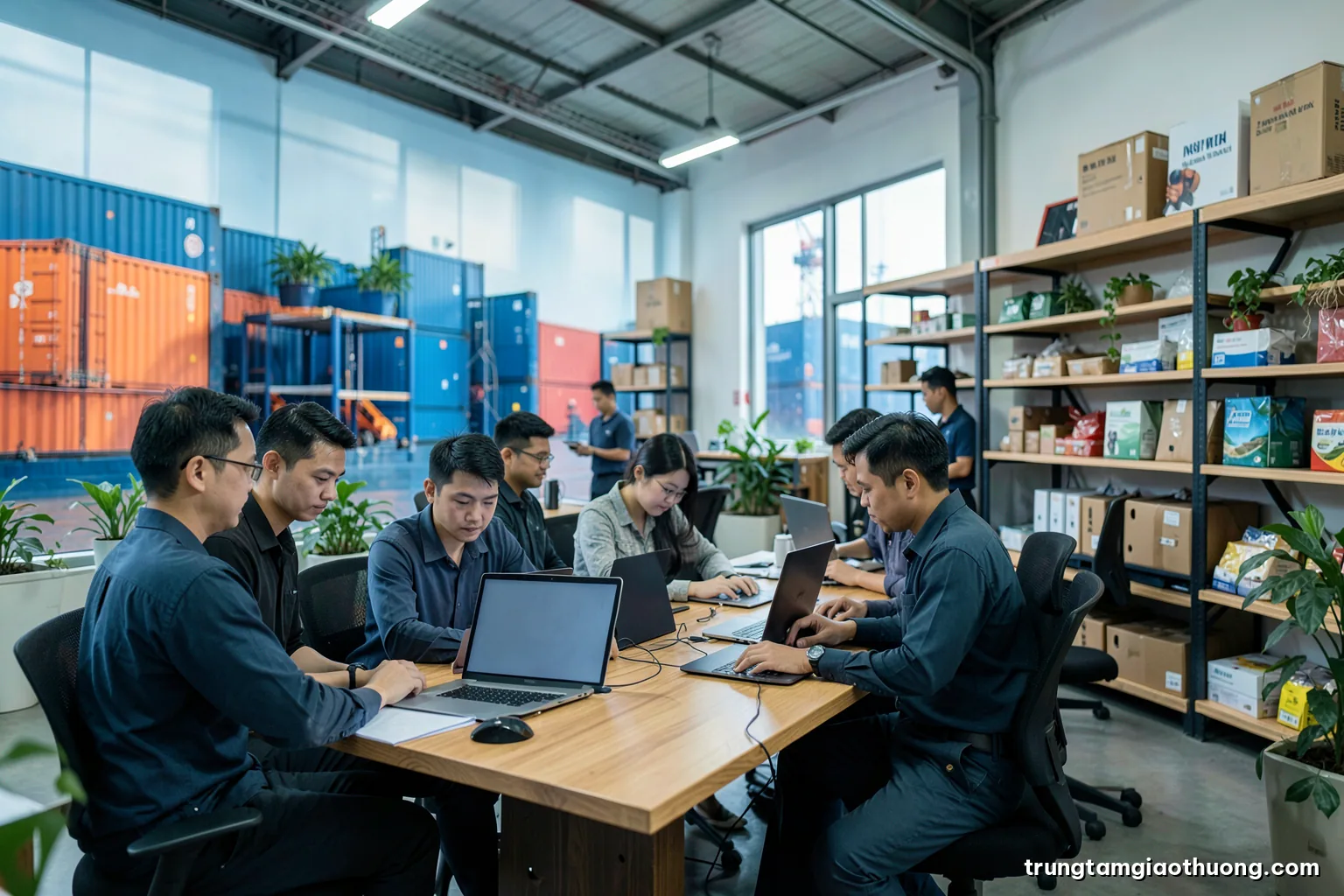 Wide view of a small Vietnamese export team working at desks in an open-plan office, laptops with blank displays, plants and product shelves, soft natural light, green and wood tones