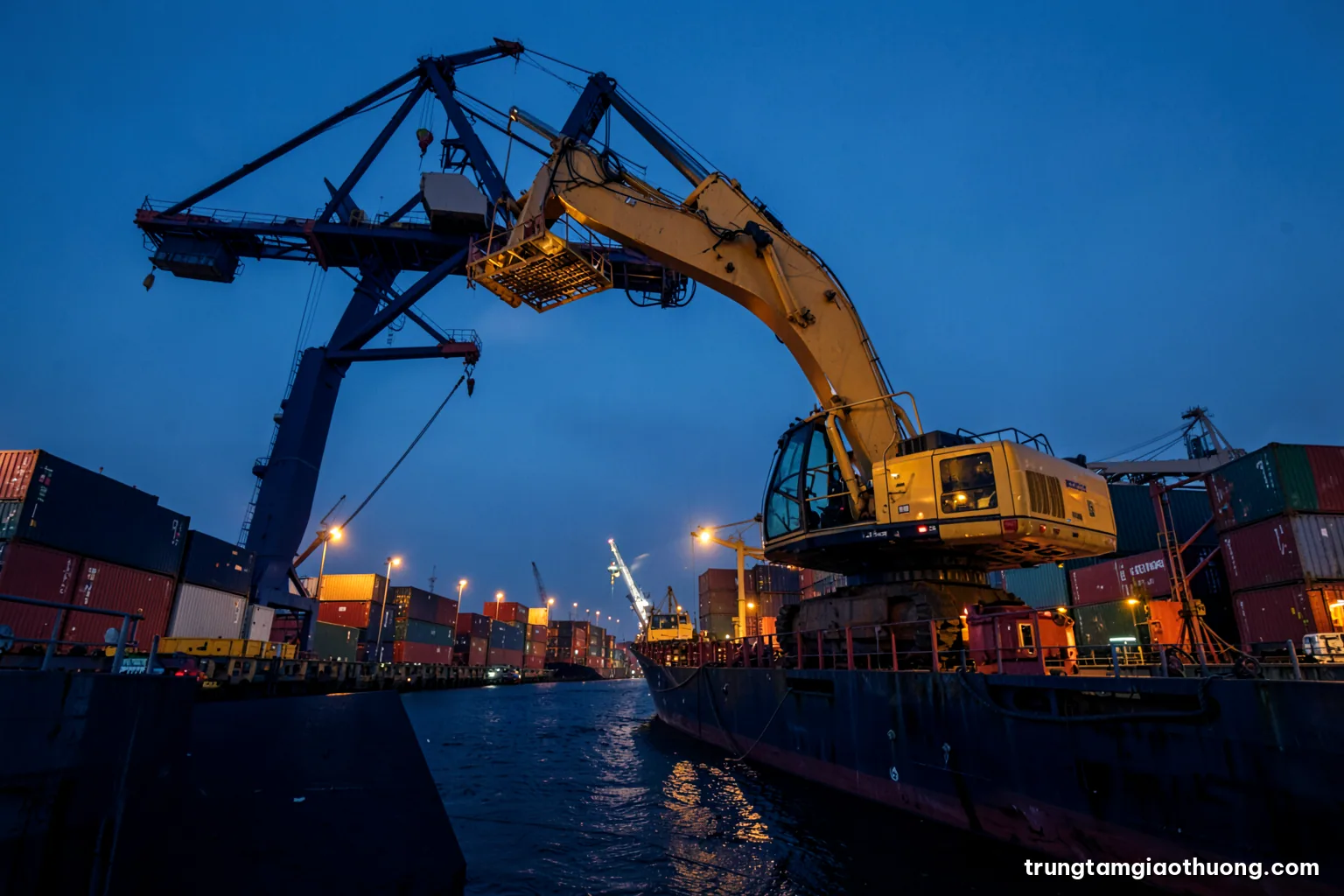 Low angle view of a crane lifting a large yellow excavator onto a cargo ship at dusk, port lights beginning to glow, deep blue and amber palette