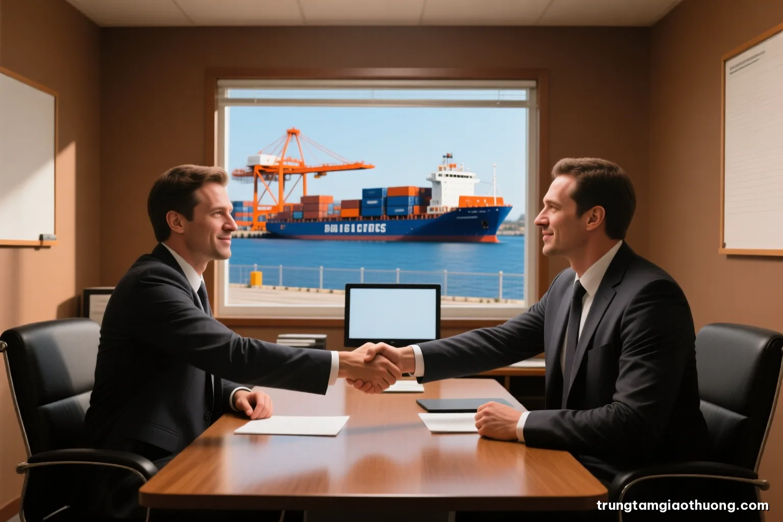 Close-up of two businesspeople shaking hands across a wooden table in a small trading office near a border town, faces out of frame, soft window light, warm brown palette