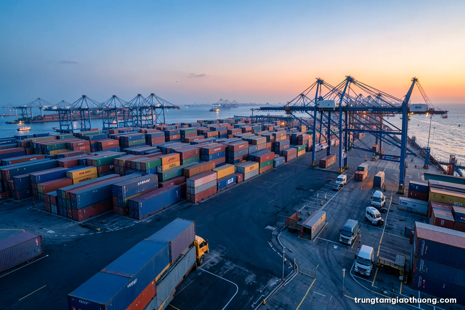 Wide aerial view at dawn of a Vietnamese container port, rows of stacked containers, gantry cranes and trucks queuing at a gate, soft orange light, cool blue palette