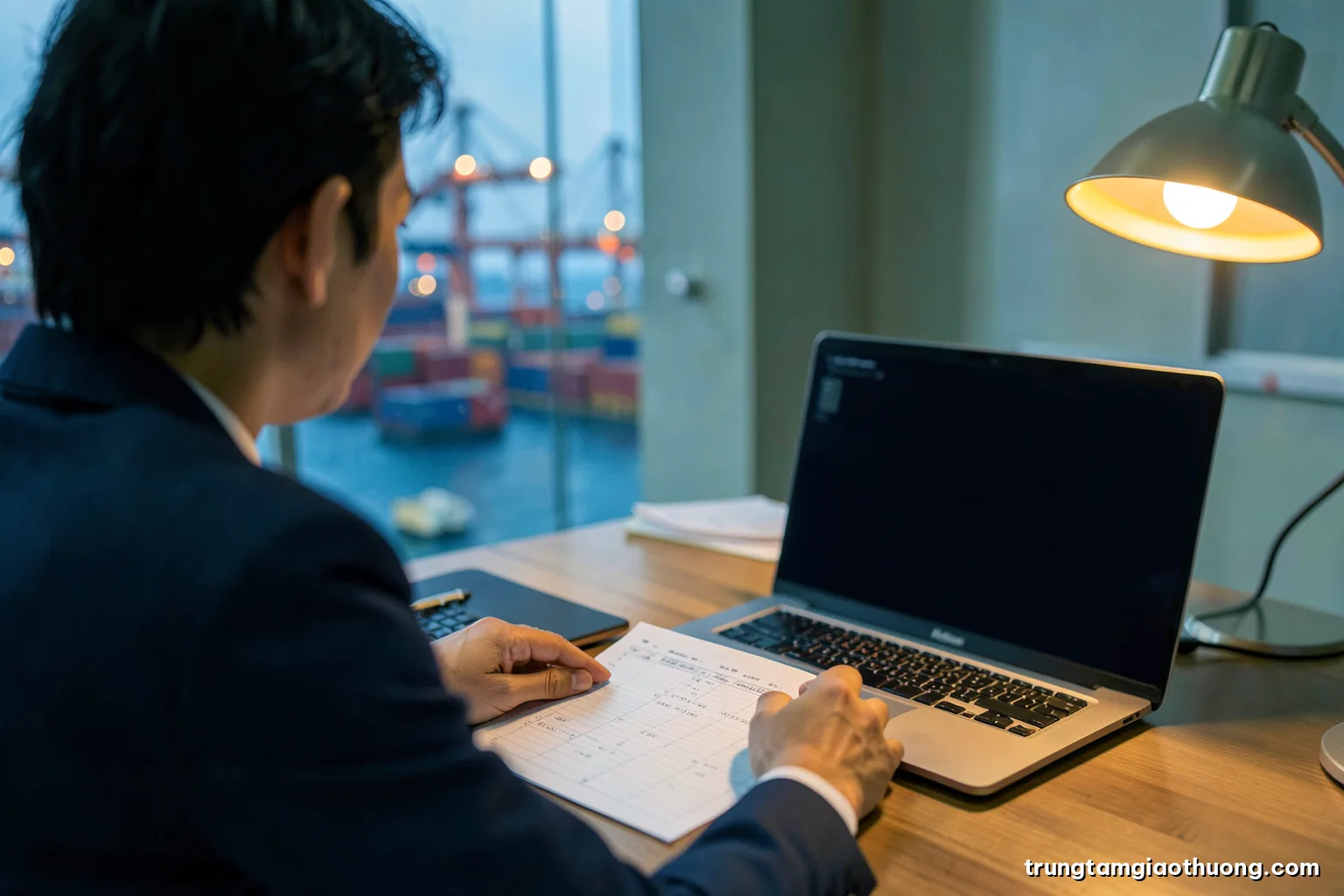 Over-the-shoulder view of a Vietnamese finance officer reviewing blank ledger sheets beside a laptop with a dark screen in a quiet office, warm desk lamp, muted green tones