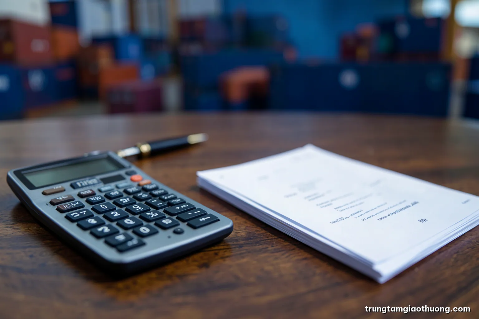 Macro shot of a calculator, a fountain pen and a stack of blank invoices on a walnut desk, a small parcel softly blurred behind, cool morning light, navy and brass palette