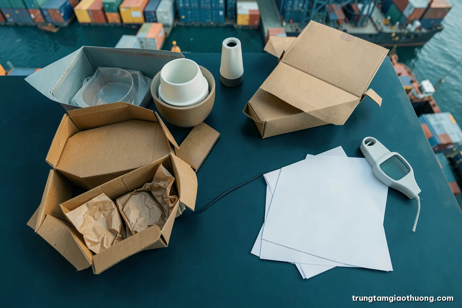 Top-down view of a Vietnamese packing table with kraft boxes of different sizes, ceramic cups wrapped in paper, a tape dispenser and a blank laptop, soft morning daylight, muted teal palette