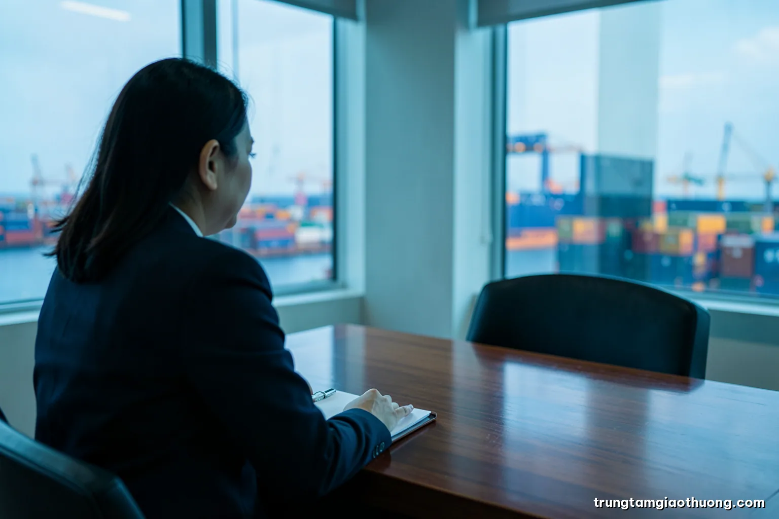 Over-the-shoulder view of a Vietnamese businesswoman in a quiet embassy meeting room abroad, folders closed on a polished table, window light, cool grey and teal tones