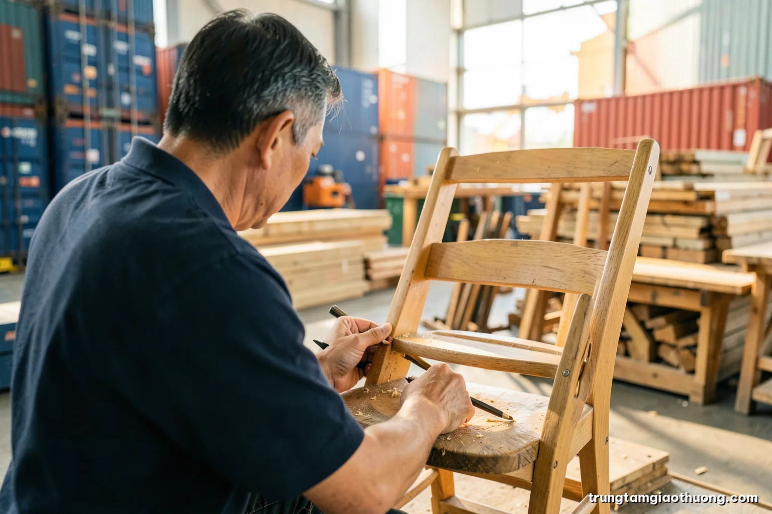 Over-the-shoulder view of a Vietnamese woodworker assembling a wooden chair in a bright workshop, timber planks stacked behind, warm natural light, honey and sage colour palette