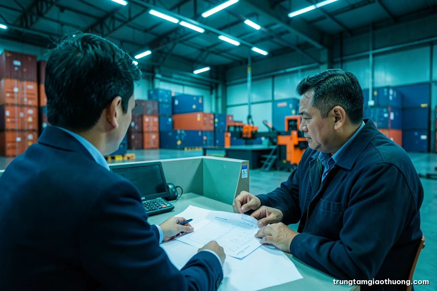 Over-the-shoulder shot of a Vietnamese accountant and a production manager comparing blank spreadsheets on paper beside a calculator in a factory office, overhead fluorescent light, teal tones