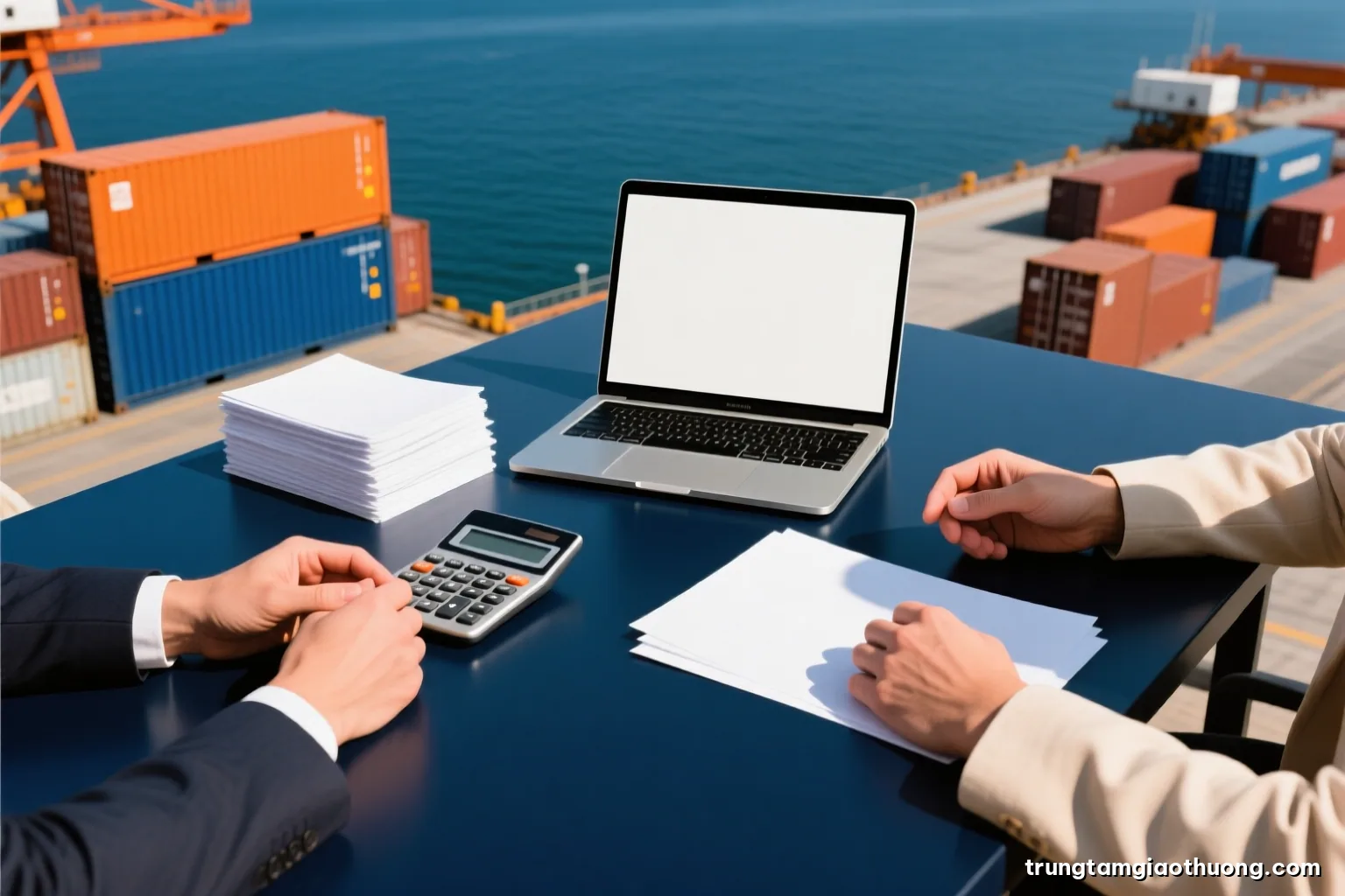 Top-down view of a negotiation table with two pairs of hands, a calculator, a closed laptop and stacks of blank paper, warm afternoon light, navy and cream palette
