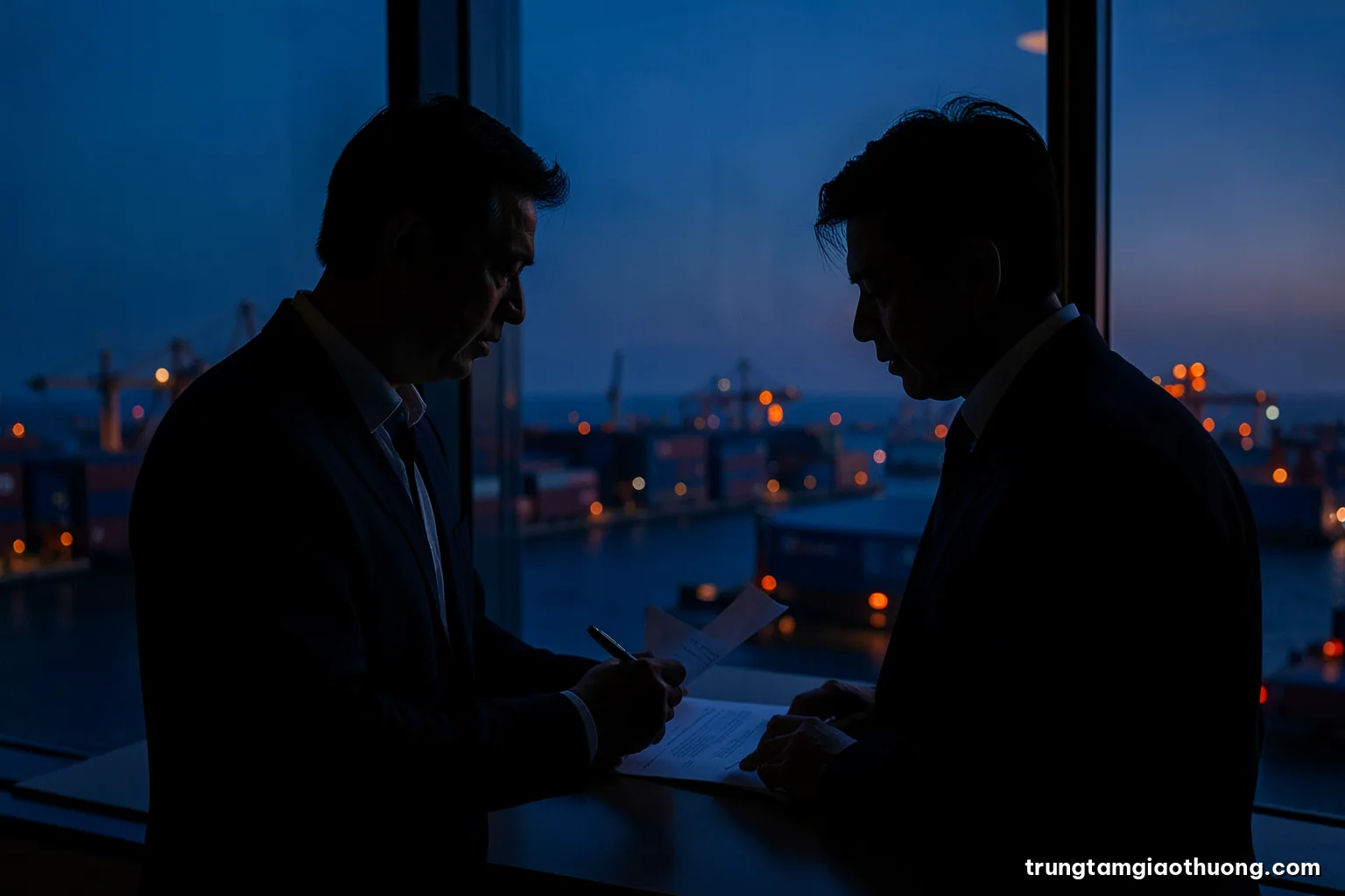 Silhouette of a Vietnamese export manager reviewing blank paperwork by a large office window overlooking a container port at dusk, deep indigo and orange tones, quiet editorial mood