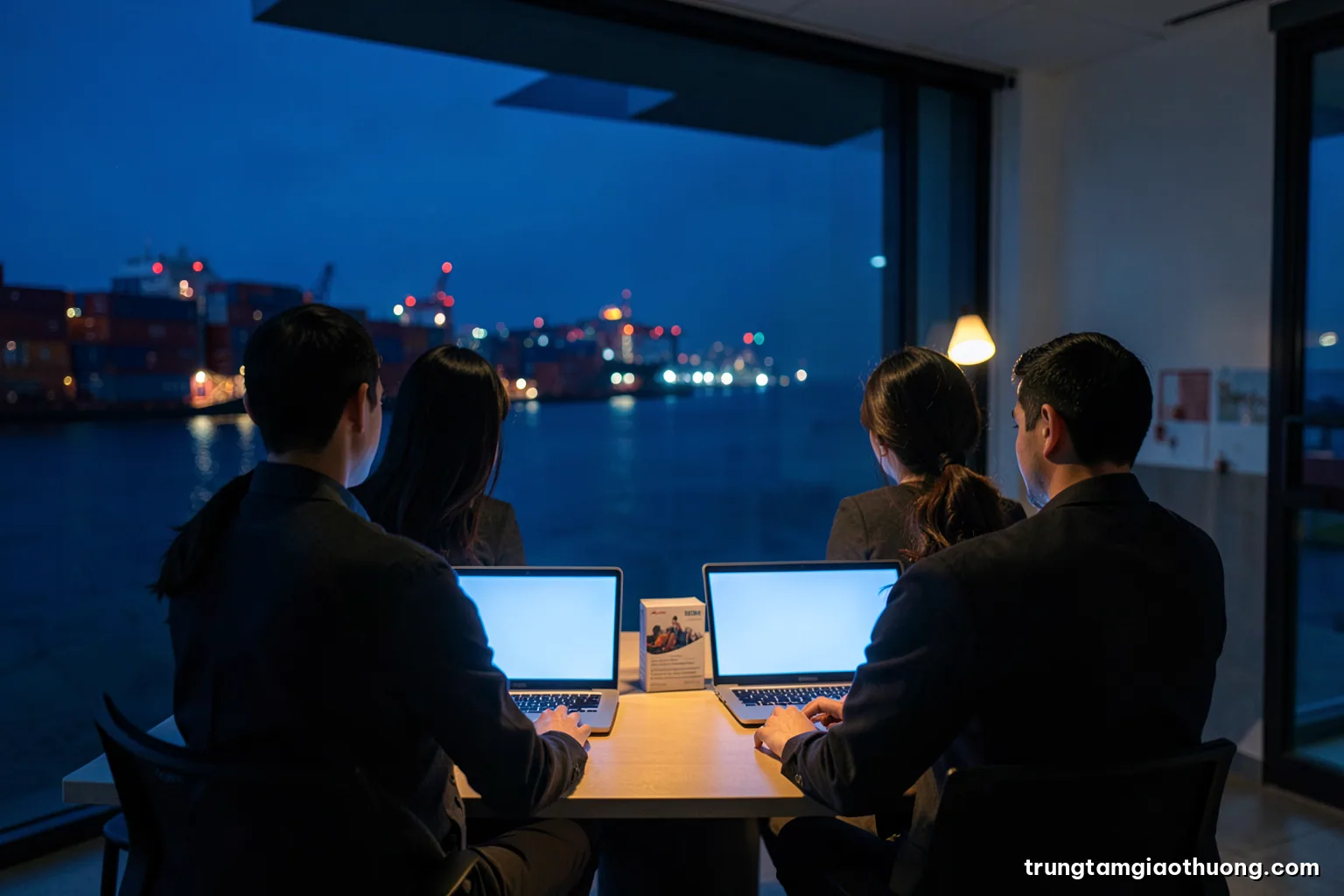Wide shot of a minimalist Vietnamese studio office at night, two colleagues seen from behind reviewing product samples on a long table, blank laptop displays glowing, cool blue and warm lamp contrast