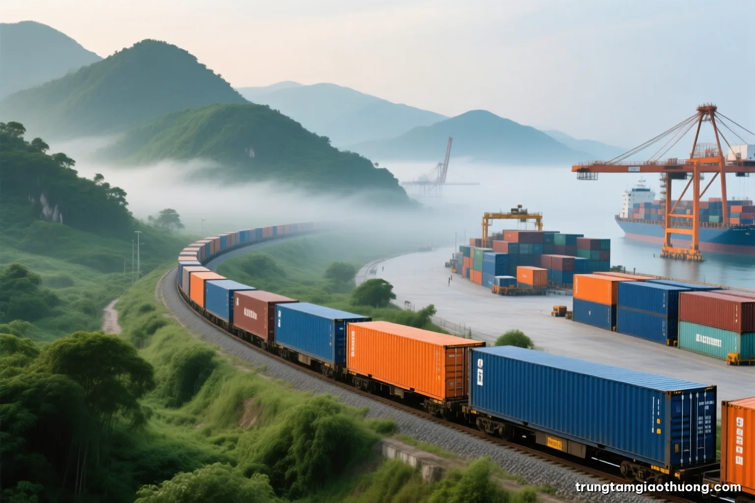 Long telephoto view of a container freight train curving through misty green hills in northern Vietnam, early morning haze, soft greens and greys, no people