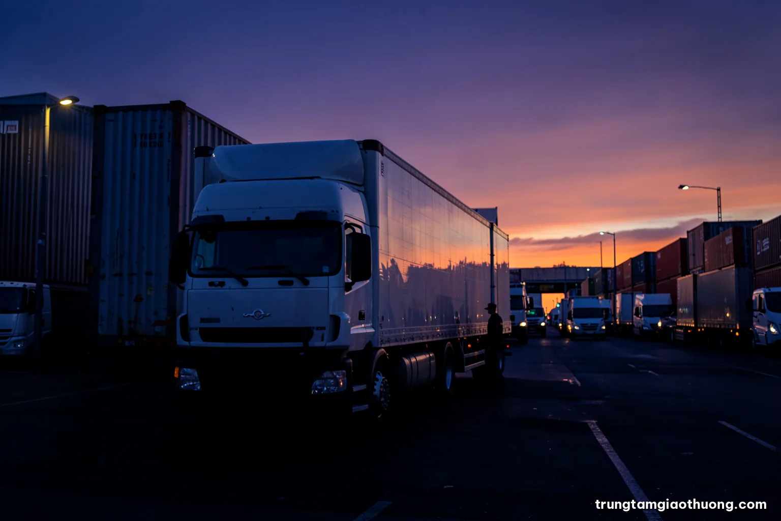 Silhouette of a truck driver standing beside his refrigerated trailer at dusk in a crowded border parking yard, long rows of vehicles behind, deep purple and amber sky