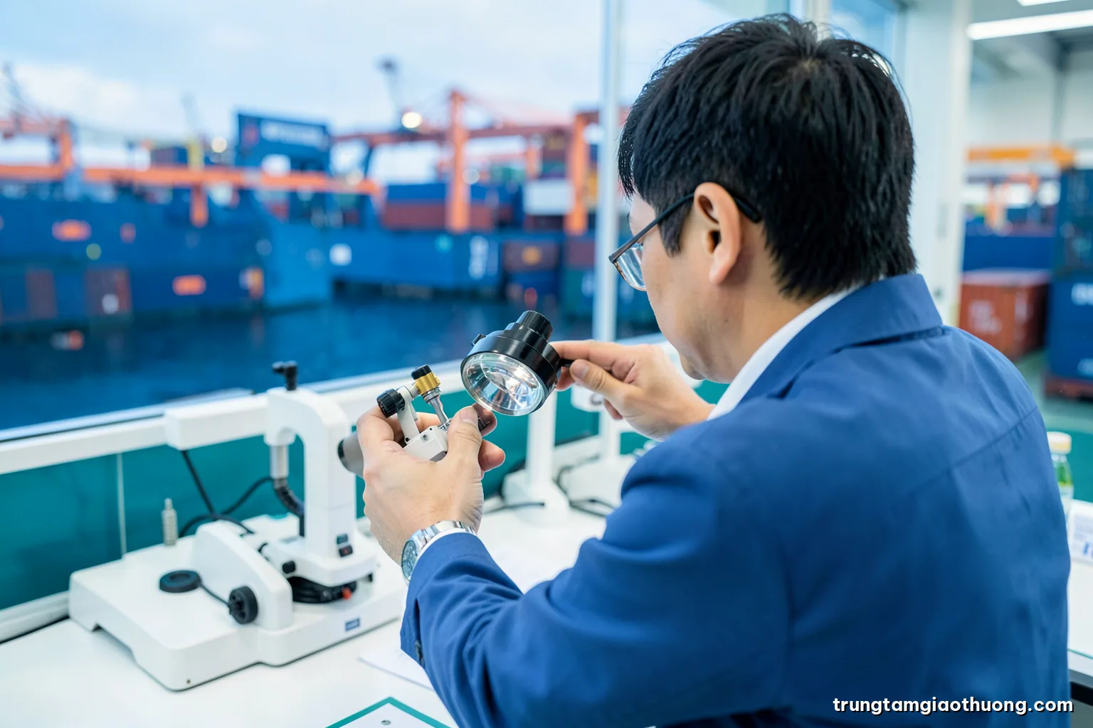 Over-the-shoulder view of a Vietnamese customs specialist examining a small machine component under a magnifying lamp in a bright laboratory, white and teal palette