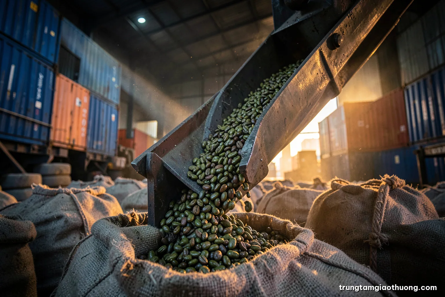 Low angle shot of green coffee beans pouring from a steel chute into jute sacks inside a dim processing warehouse in the Central Highlands, warm amber light, dust in the air