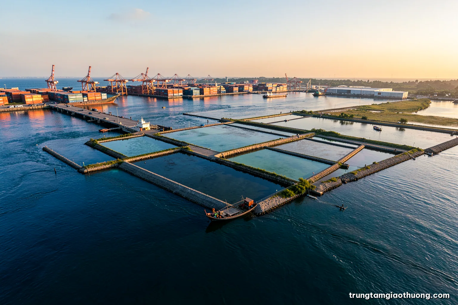Wide drone view of rectangular fish ponds along the Mekong River at golden hour with a small boat and feeding platforms, reflective water, earthy green and silver tones