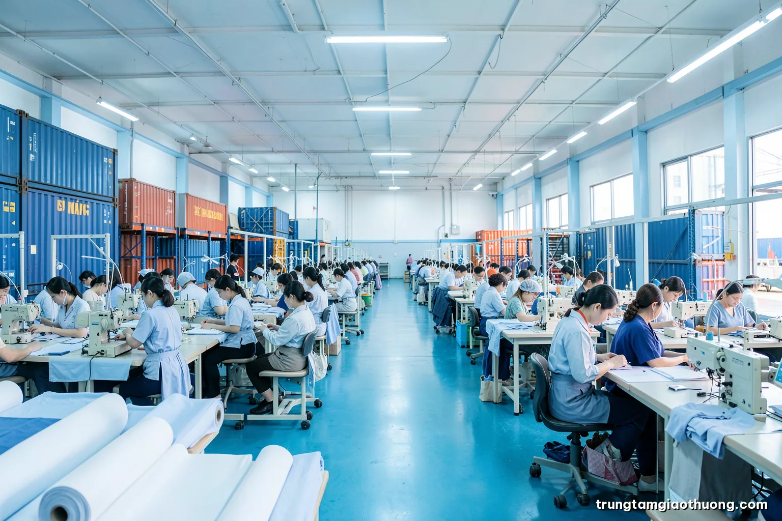 Wide shot of a bright garment factory floor with rows of Vietnamese seamstresses at sewing machines, plain fabric rolls in the foreground, soft overhead light, pastel blue and white palette