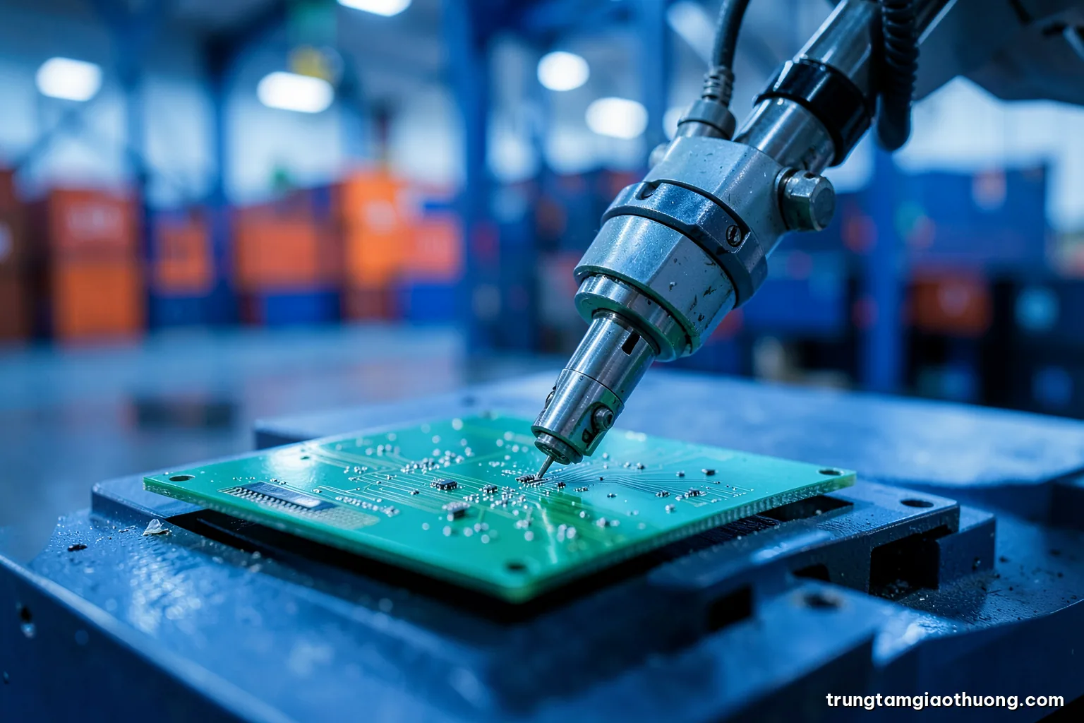 Macro shot of a robotic arm placing tiny components onto a blank green circuit board in a clean electronics factory, cool blue lighting, shallow depth of field