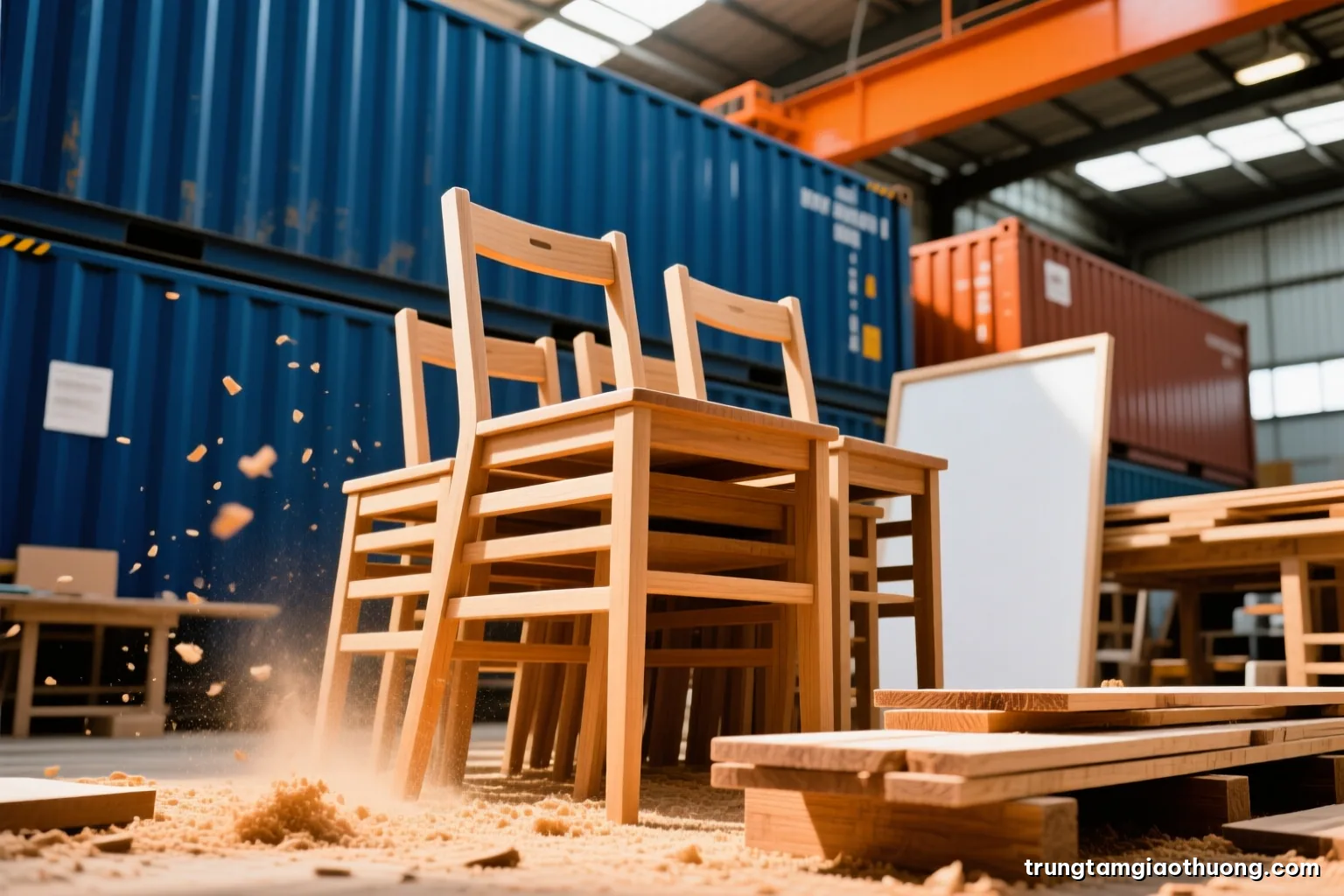 Low angle shot of stacked plain wooden chair frames and sawn acacia planks in a sunlit furniture workshop with fine sawdust floating, warm honey tones, no people visible