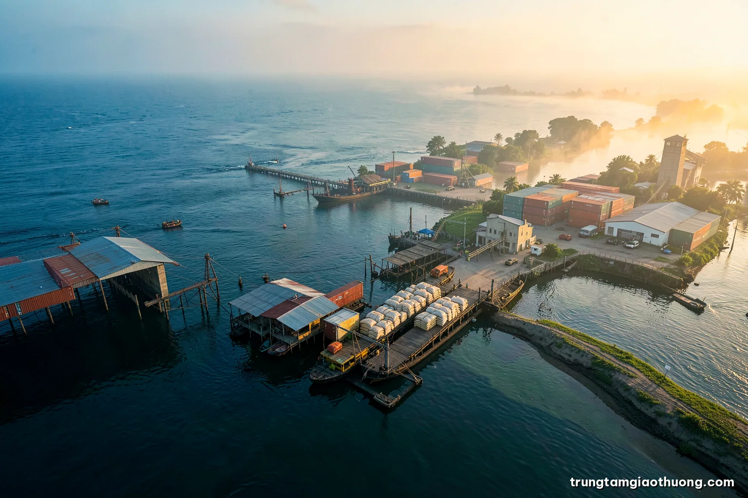 Aerial view of a Mekong Delta river port at dawn with wooden barges loaded with rice sacks moored beside a riverside mill, misty golden light, green and ochre palette