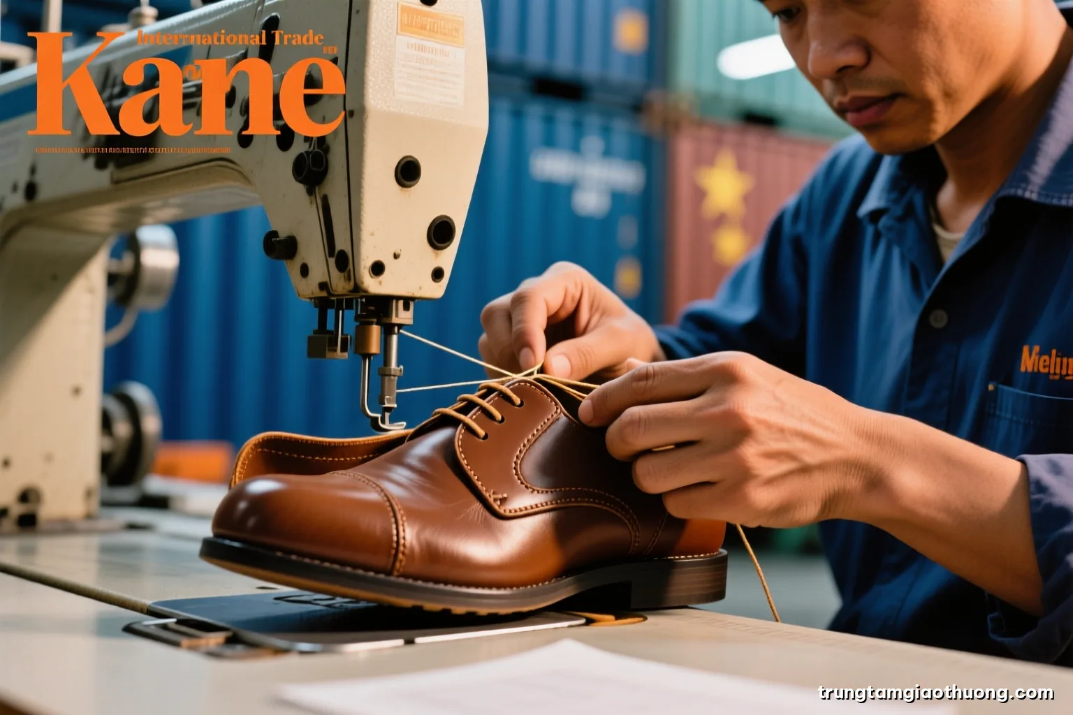 Close-up of a Vietnamese worker hands stitching a plain leather shoe upper on an industrial sewing machine, shallow depth of field, warm tungsten light, brown and tan palette