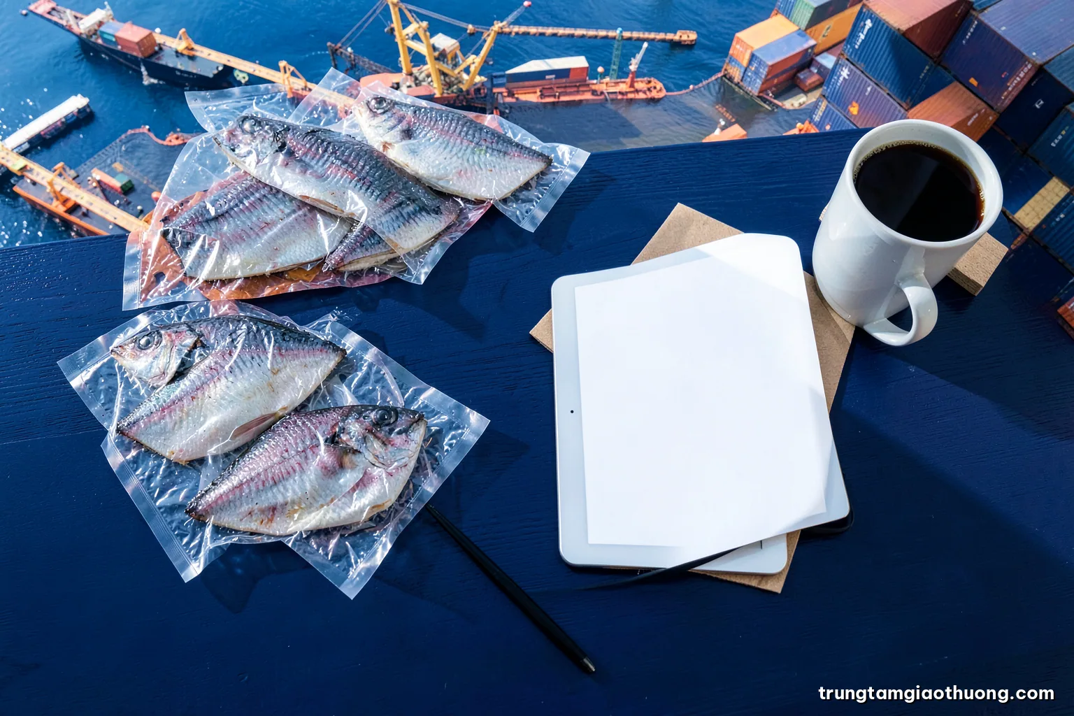 Top-down view of a quality manager desk with sealed frozen fish fillet samples, a blank tablet and coffee cup, crisp morning light, navy and pale wood tones