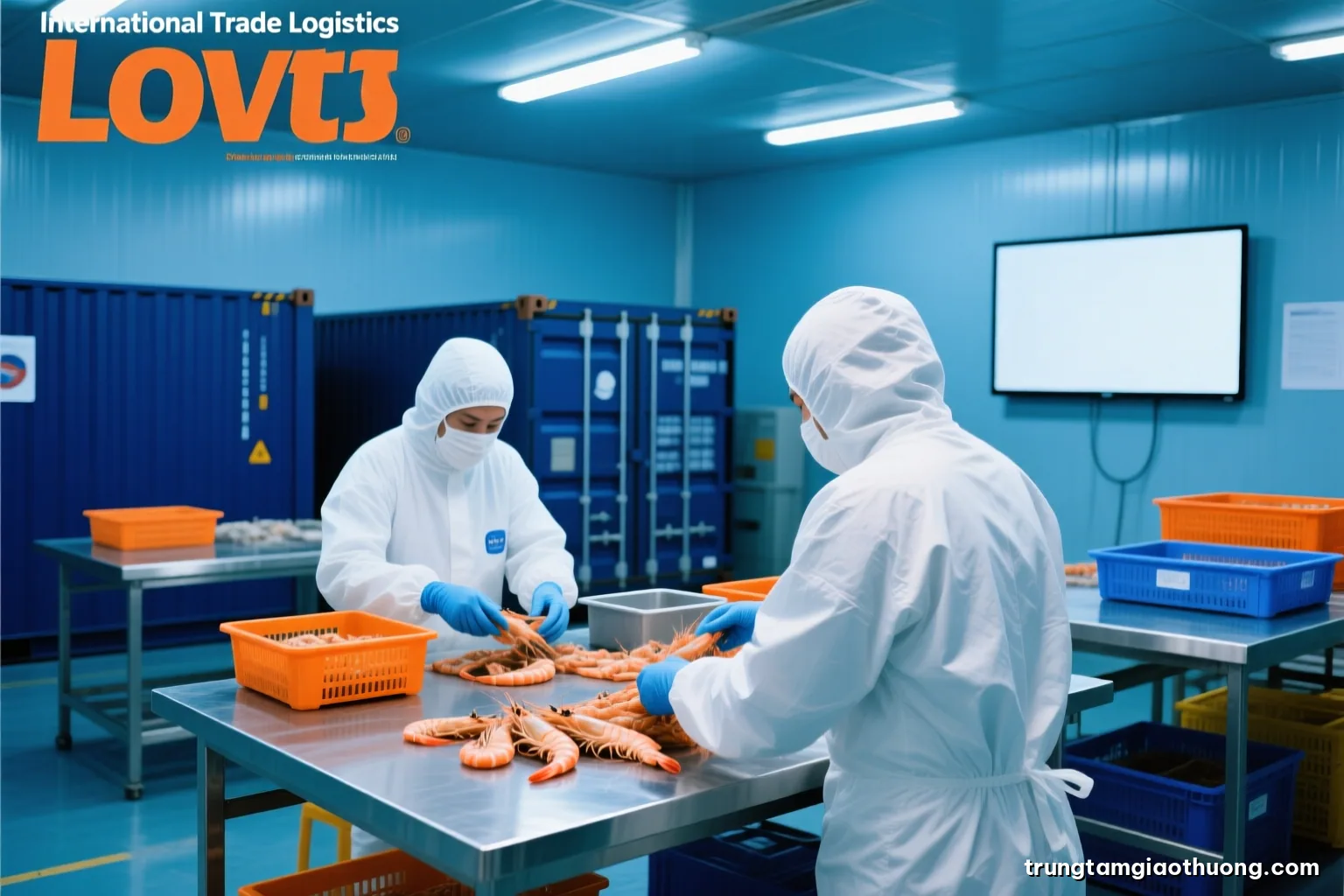 Over-the-shoulder view of Vietnamese workers in white hygiene suits sorting shrimp on stainless steel tables in a cold processing hall, cool blue fluorescent light, faces not visible