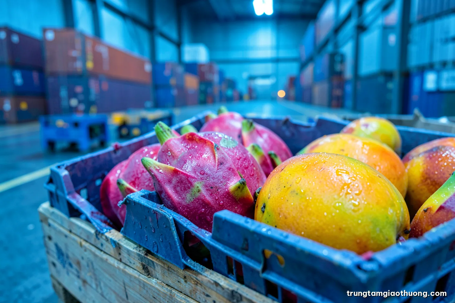Macro close-up of fresh dragon fruit and mangoes in ventilated cartons on a pallet inside a cold storage room, condensation on the fruit skin, cool cyan and magenta tones